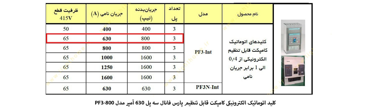 کلید اتوماتیک الکترونیکی پارس فانال مدل کامپکت قابل تنظیم 630 آمپر سه پل PF3-800