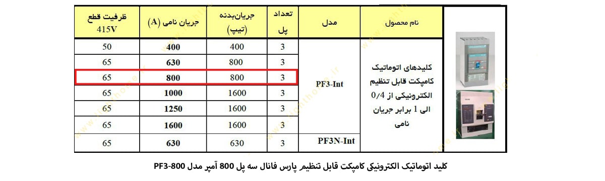 کلید اتوماتیک الکترونیکی پارس فانال مدل کامپکت قابل تنظیم 800 آمپر سه پل PF3-800