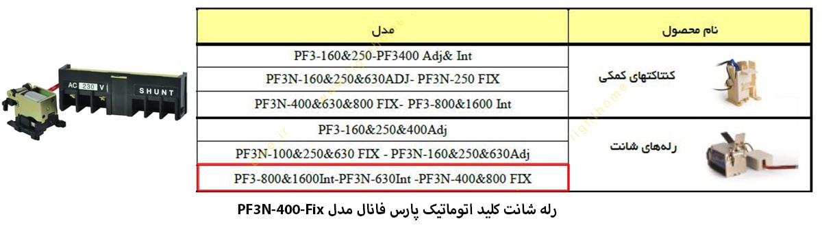 رله شانت کلید اتوماتیک پارس فانال مدل PF3N-400-Fix