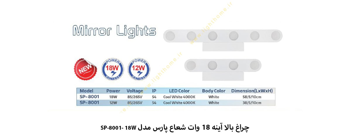 چراغ بالا آینه 18 وات شعاع پارس مدل SP-8001-18W