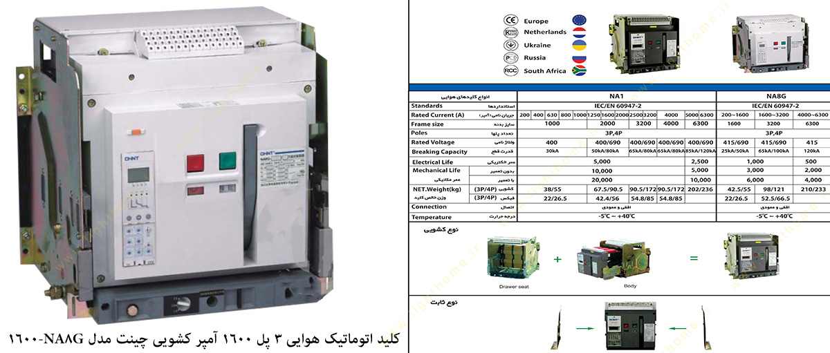 کلید اتوماتیک هوایی 3 پل 1600 آمپر کشویی چینت مدل NA8G-1600