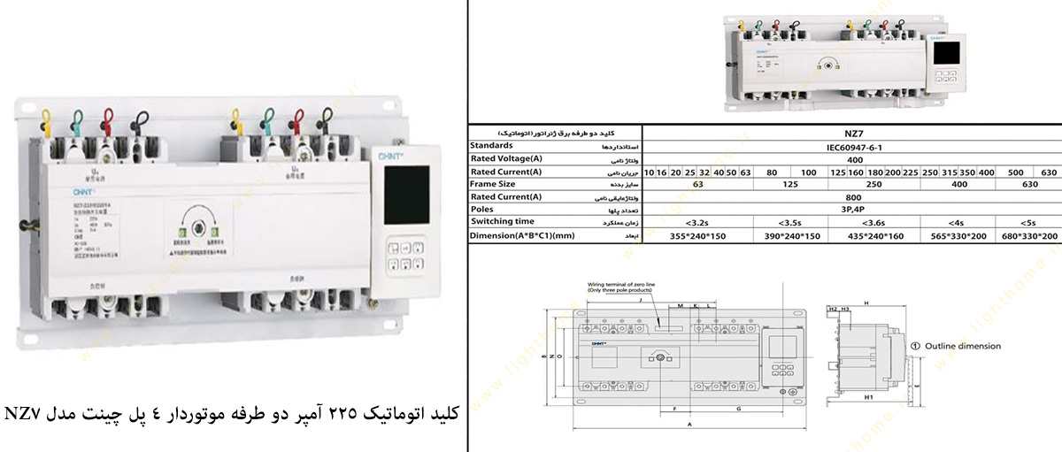 کلید اتوماتیک 225 آمپر دو طرفه موتوردار 4 پل چینت مدل NZ7-250Hکلید اتوماتیک 225 آمپر دو طرفه موتوردار 4 پل چینت مدل NZ7-250H