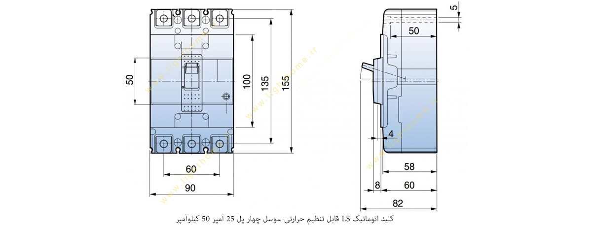 کلید اتوماتیک LS قابل تنظیم حرارتی سوسل چهار پل 25 آمپر 50 کیلوآمپر