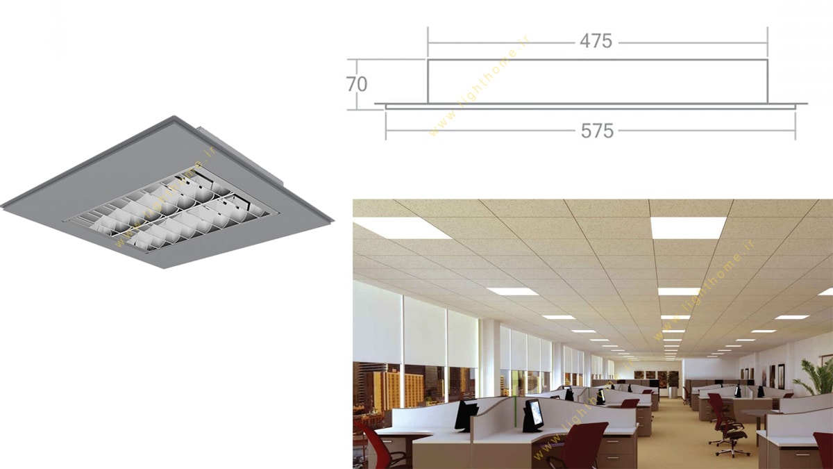 چراغ اداری ونوس 2x36 وات 60x60 توکار مهنام مدل TCL با شبکه دابل پارابولیک