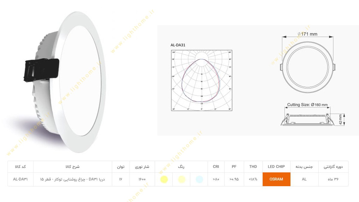 چراغ پنلی 16 وات SMD توکار آلتون مدل دریا AL-DA31