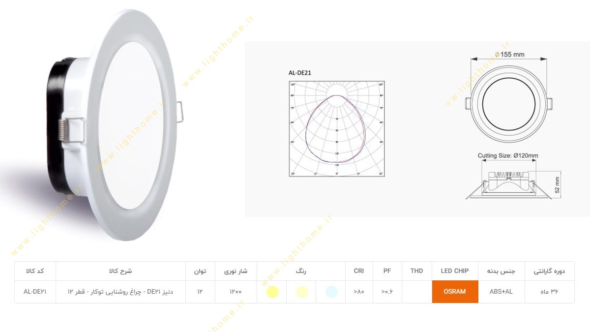 چراغ پنلی 12 وات SMD توکار آلتون مدل دنیز AL-DE21