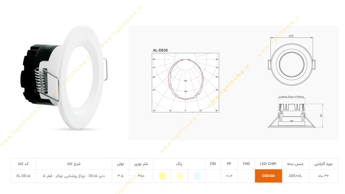 چراغ پنلی 3.5 وات SMD توکار آلتون مدل دنیز AL-DE05