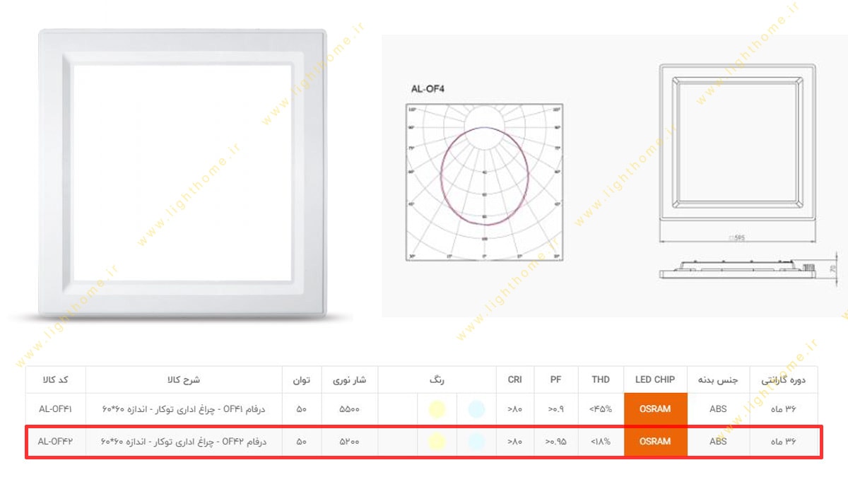 پنل 60x60 توکار 50 وات SMD آلتون مدل درفام AL-OF42