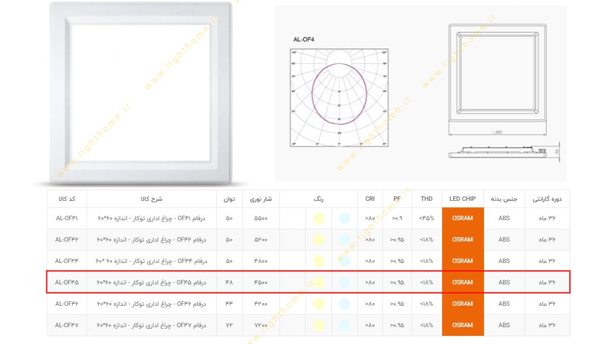 پنل 60x60 توکار 48 وات SMD آلتون مدل درفام AL-OF45