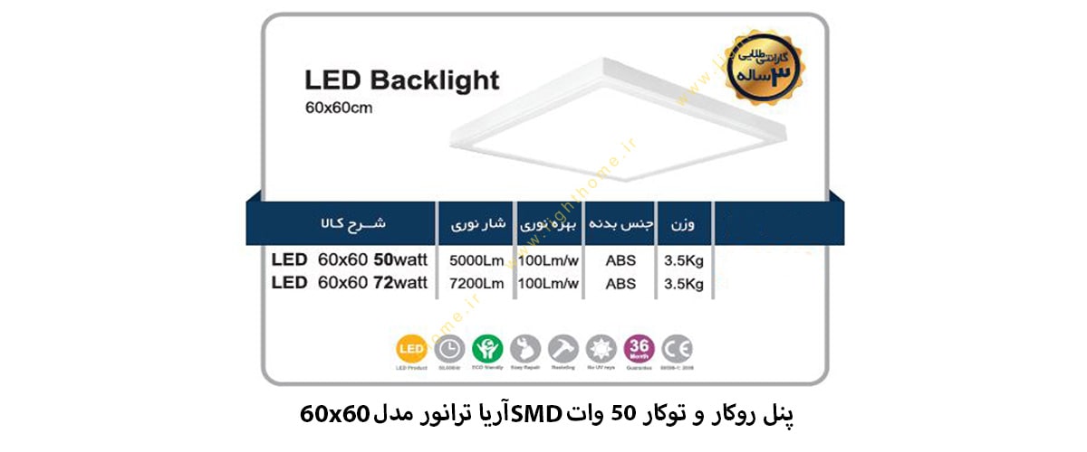 پنل 60x60 روکار و توکار 50 وات SMD آریا ترانور