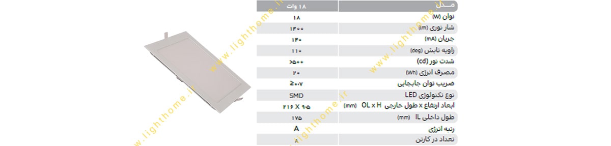 چراغ پنلی مربع 18 وات باریک پارس شهاب مدل اسلیم