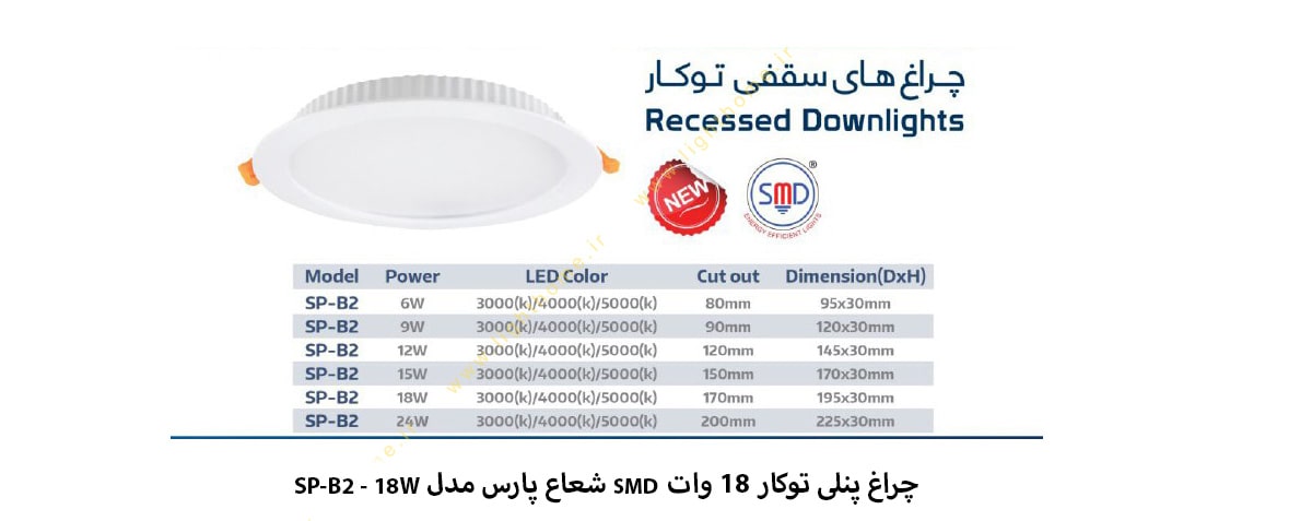 چراغ پنلی توکار 18 وات SMD شعاع پارس مدل SP-B2-18W