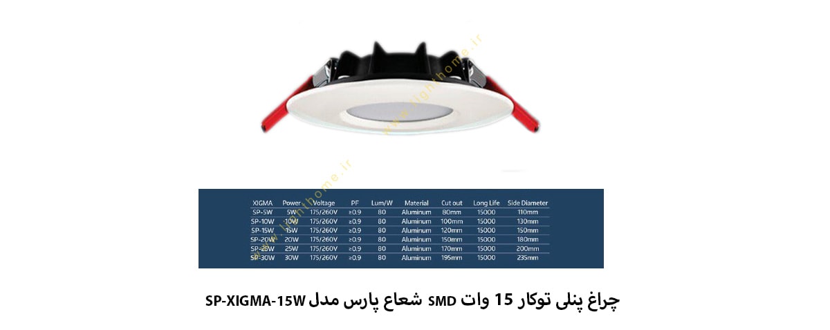 چراغ پنلی توکار 15 وات SMD شعاع پارس مدل SP-XIGMA-15W