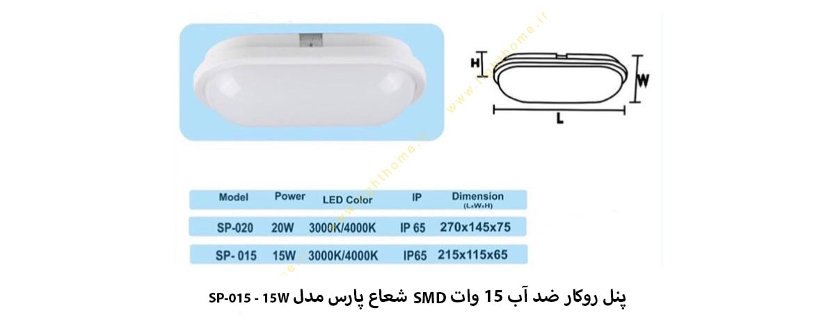 پنل روکار ضد آب 15 وات SMD شعاع پارس مدل SP-015-15W