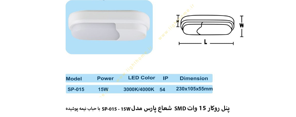 پنل روکار بیضی 15 وات SMD شعاع پارس مدل SP-015-15W با حباب نیمه پوشیده