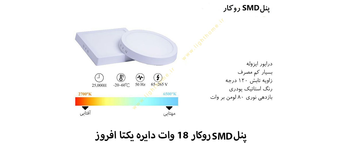 پنل SMD روکار 18 وات گرد یکتا افروز