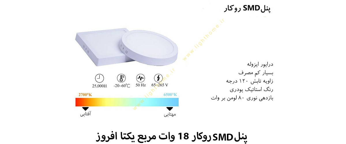 پنل SMD روکار 18 وات مربع یکتا افروز