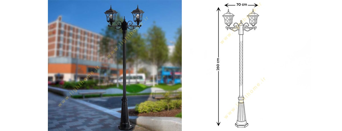 چراغ پارکی دو شاخه پایه زاگرس شفق مدل پاسارگاد با لامپ