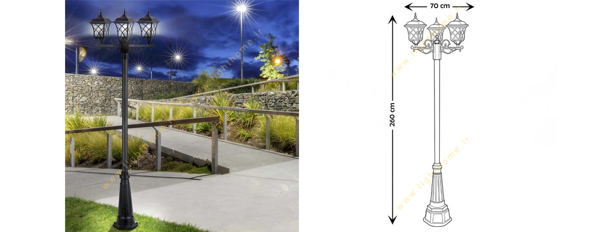 چراغ پارکی سه شاخه پایه زاگرس شفق مدل پاسارگاد با لامپ