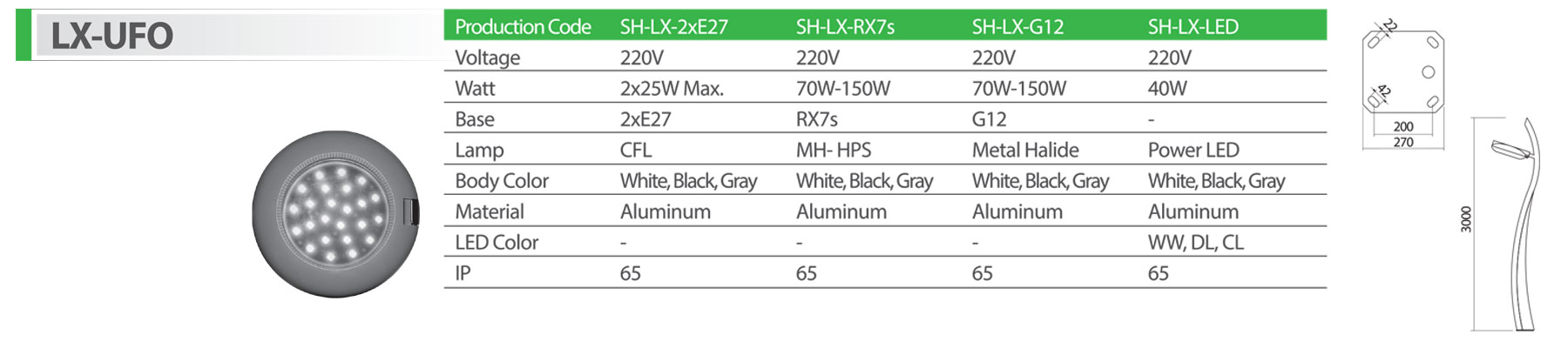 چراغ پارکی یکطرفه 3 متری شعاع مدل lx-ufo