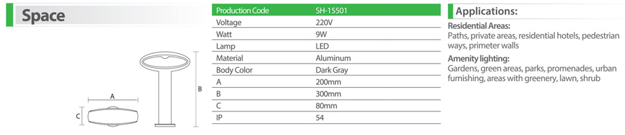 چراغ حیاطی و پارکی ال ای دی 9 وات شعاع مدل SH-15501