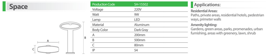 چراغ حیاطی و پارکی ال ای دی 9 وات شعاع مدل SH-15502