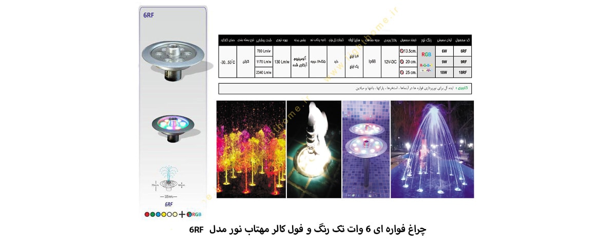 چراغ فواره ای 6 وات تک رنگ و فول کالر مهتاب نور مدل 6RF