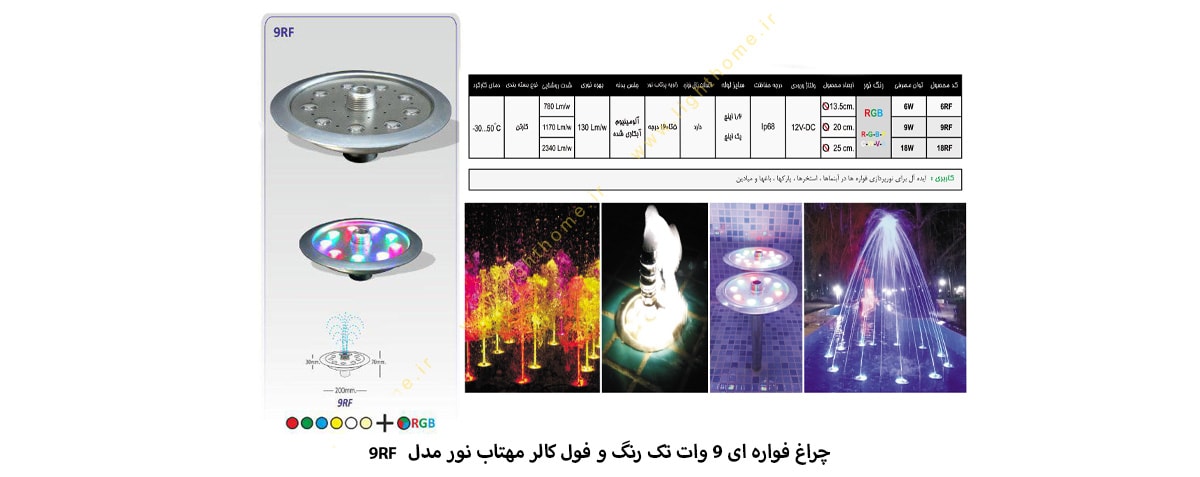 چراغ فواره ای 9 وات تک رنگ و فول کالر مهتاب نور مدل 9RF