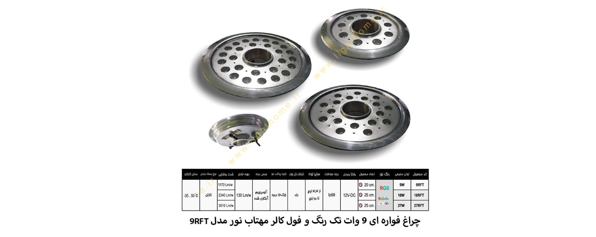 چراغ فواره ای 9 وات تک رنگ و فول کالر مهتاب نور مدل 9RFT