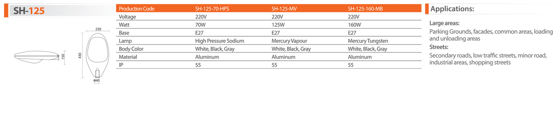 چراغ خیابانی sh-125-160-mb شعاع