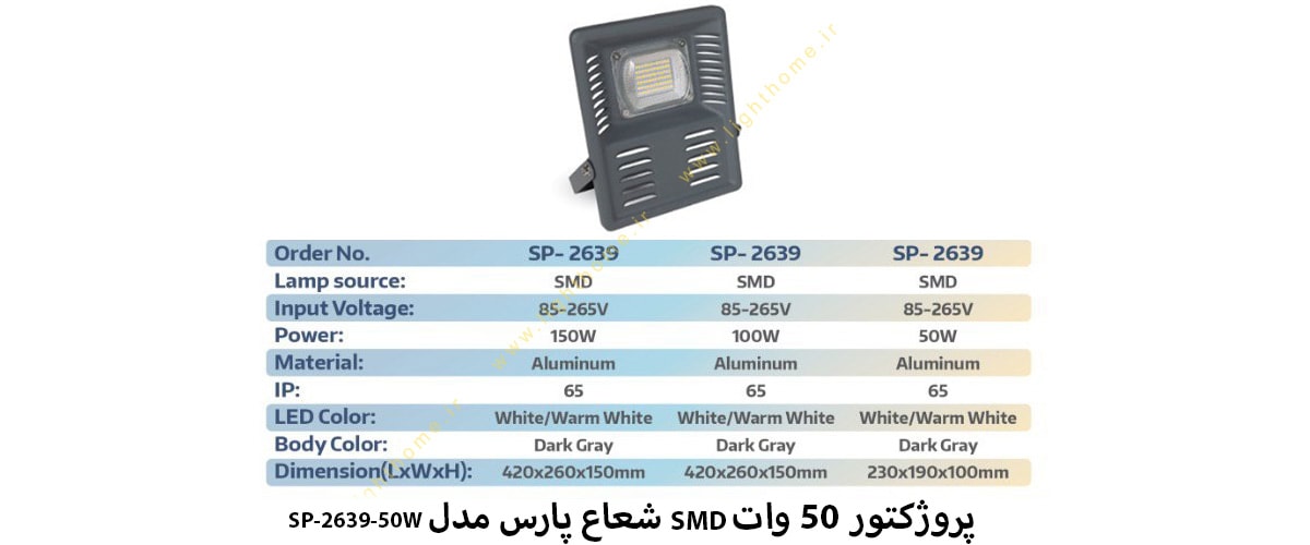 پروژکتور 50 وات SMD شعاع پارس مدل SP-2639-50W