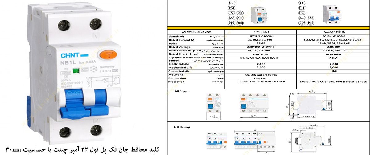 کلید محافظ جان تک پل نول 32 آمپر چینت با حساسیت 30 میلی آمپر ترکیبی