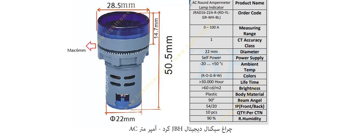 چراغ سیگنال دیجیتال JBH گرد - آمپر متر AC