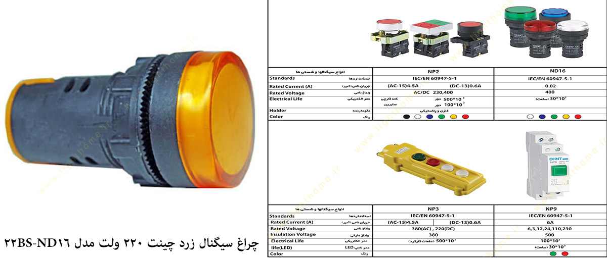 چراغ سیگنال زرد چینت 220 ولت مدل ND16-22BS/4Yellow