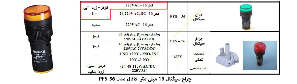 چراغ سیگنال قطر 16 میلی متر 220 VAC پارس فانال مدل PFS-56 با چند رنگ نور