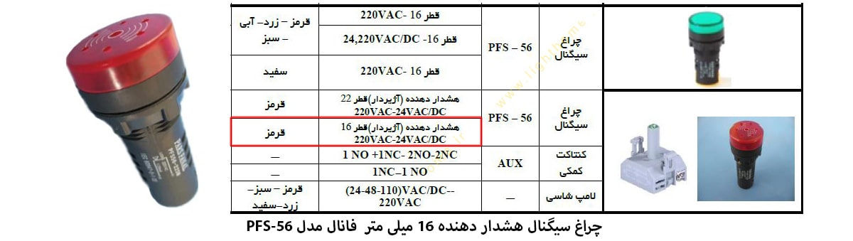 چراغ سیگنال قطر 16 میلی متر آژیردار پارس فانال مدل PFS-56 با رنگ نور قرمز