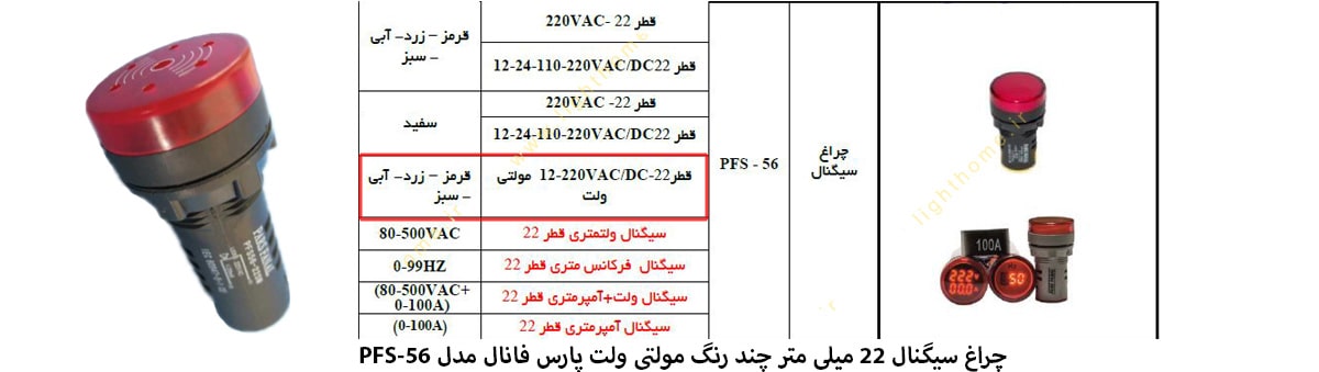 چراغ سیگنال قطر 22 میلی متر 12-220 VAC/DC مولتی ولت پارس فانال مدل PFS-56 با چند رنگ نور