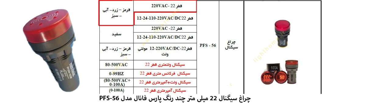 چراغ سیگنال قطر 22 میلی متر 220 VAC پارس فانال مدل PFS-56 با چند رنگ نور