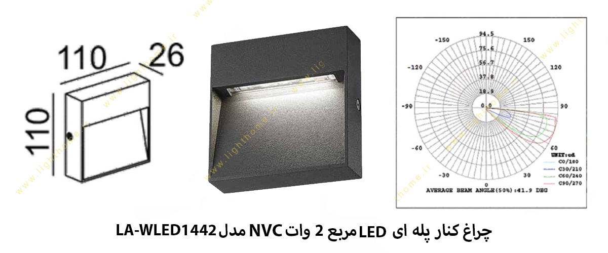 چراغ کنار پله ای LED مربع 2 وات NVC مدل LA-WLED1442