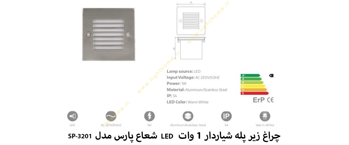 چراغ زیر پله شیار دار 1 وات مربع LED شعاع پارس مدل SP-3201