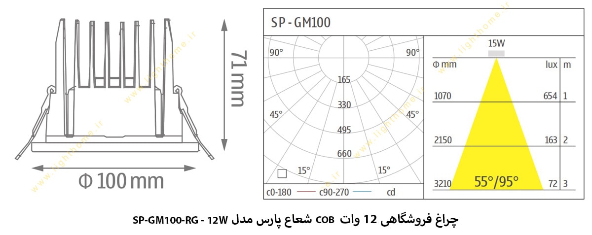 چراغ فروشگاهی 12 وات COB گرد شعاع پارس مدل SP-GM100-RG-12W