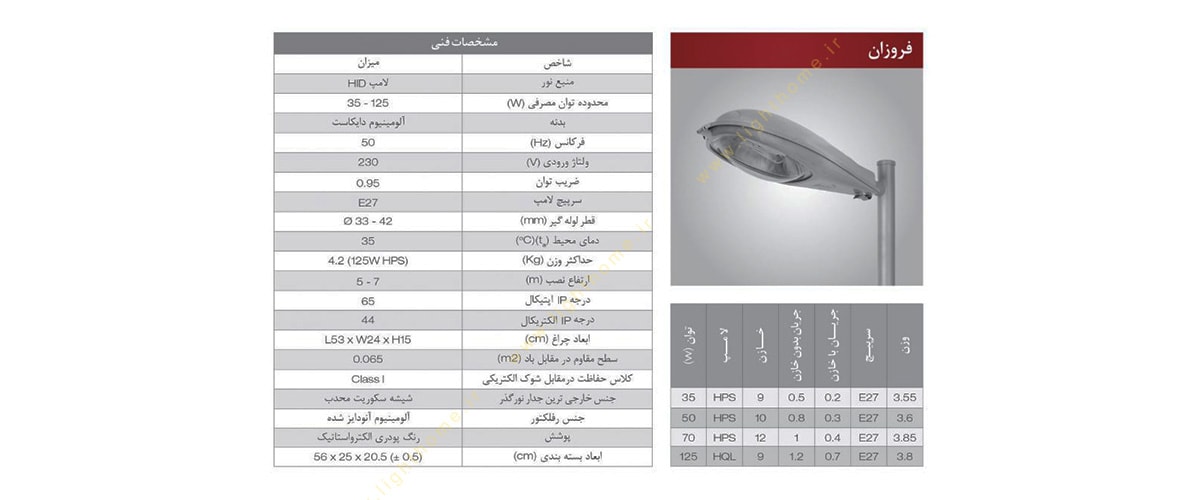 چراغ خیابانی گلنور 35 وات دایکاست بخار سدیم مدل فروزان