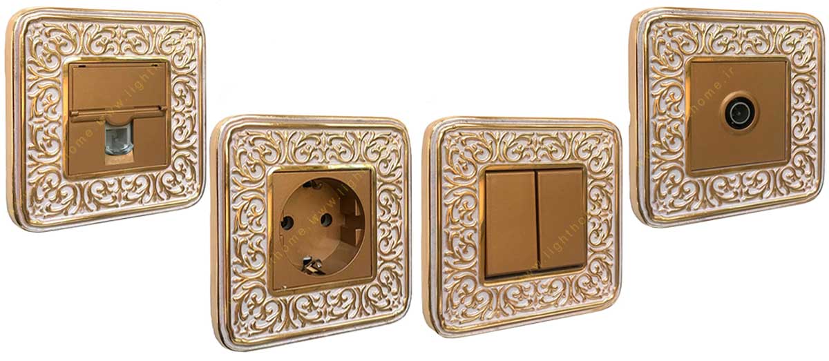 کلید و پریز آنتیکو سری فیوره طلایی با کادر پتینه سفید
