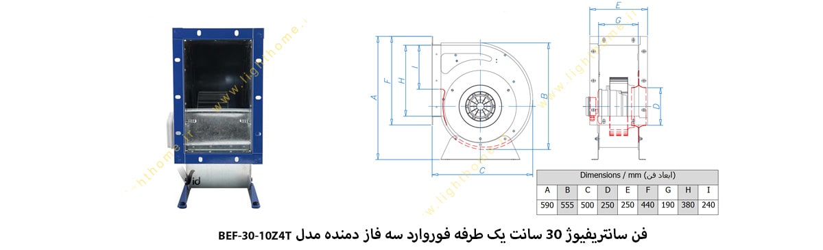 فن سانتریفیوژ 30 سانت یک طرفه فوروارد سه فاز دمنده مدل BEF-30-10Z4T