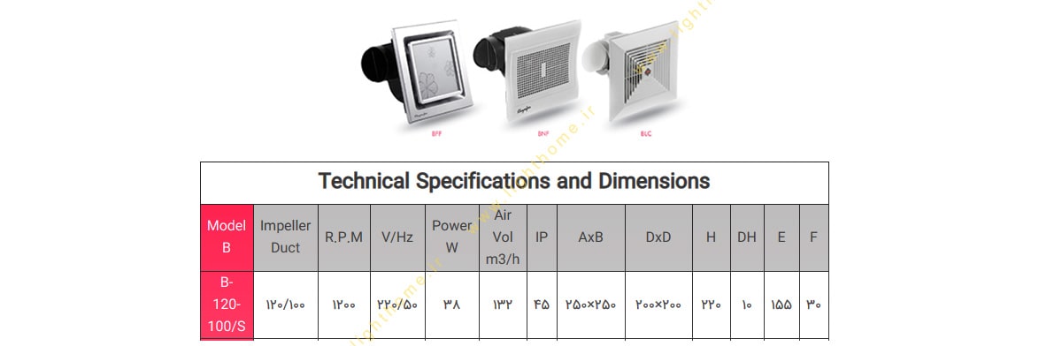 مشخصات هواکش رادیال خانگی مدل B-160-100/S خزرفن