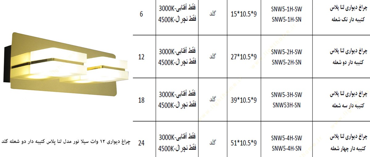 چراغ دیواری 12 وات دو شعله مدل لنا پلاس کتیبه دار گلد سیلا نور