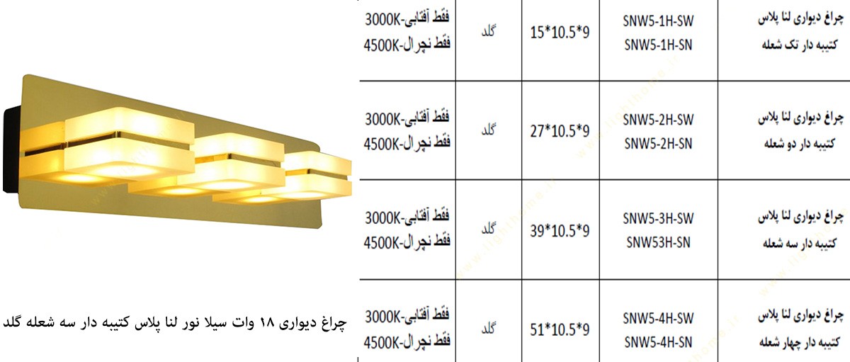 چراغ دیواری 18 وات مدل لنا پلاس کتیبه دار سه شعله گلد سیلانور