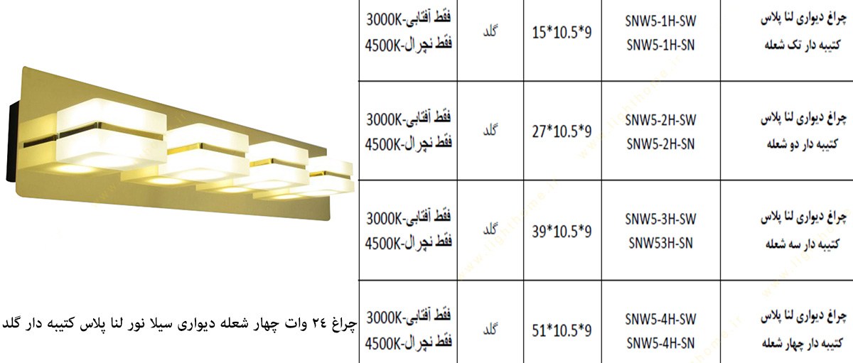 چراغ 24 وات چهار شعله دیواری سیلا نور مدل لنا پلاس کتیبه دار گلد