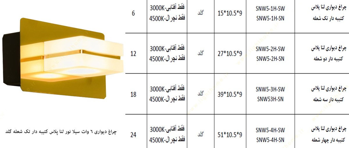 چراغ دیواری 6 وات تک شعله سیلا نور مدل لنا پلاس کتیبه دار گلد