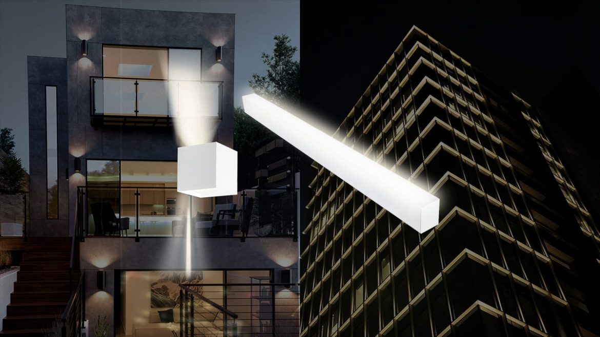 facade-lighting-with-wall-liner-light تجهیزات پر استفاده در نورپردازی نمای ساختمان چراغ دیواری و چراغ خطی